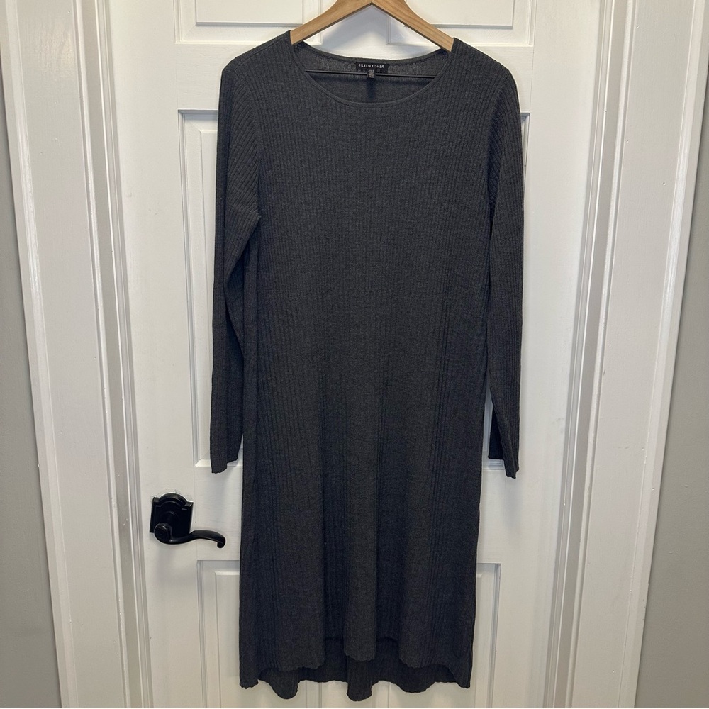 Eileen Fisher Dark Gray Ribbed Long Sleeve Dress 100% Wool